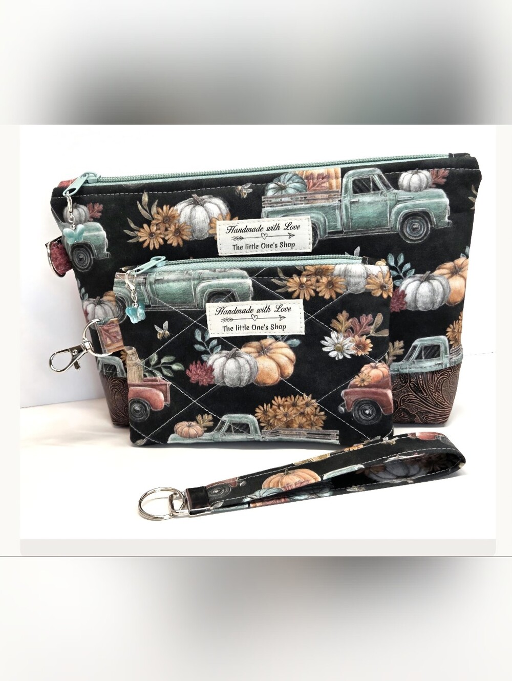 Handmade Cosmetic Bag Set - Black with Teal Truck Print